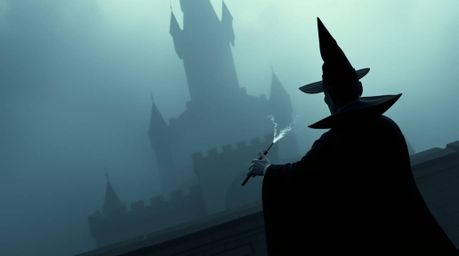 A high-angle perspective captures a classic Disney villain immersed in casting a spell within the eerie confines of a foggy c