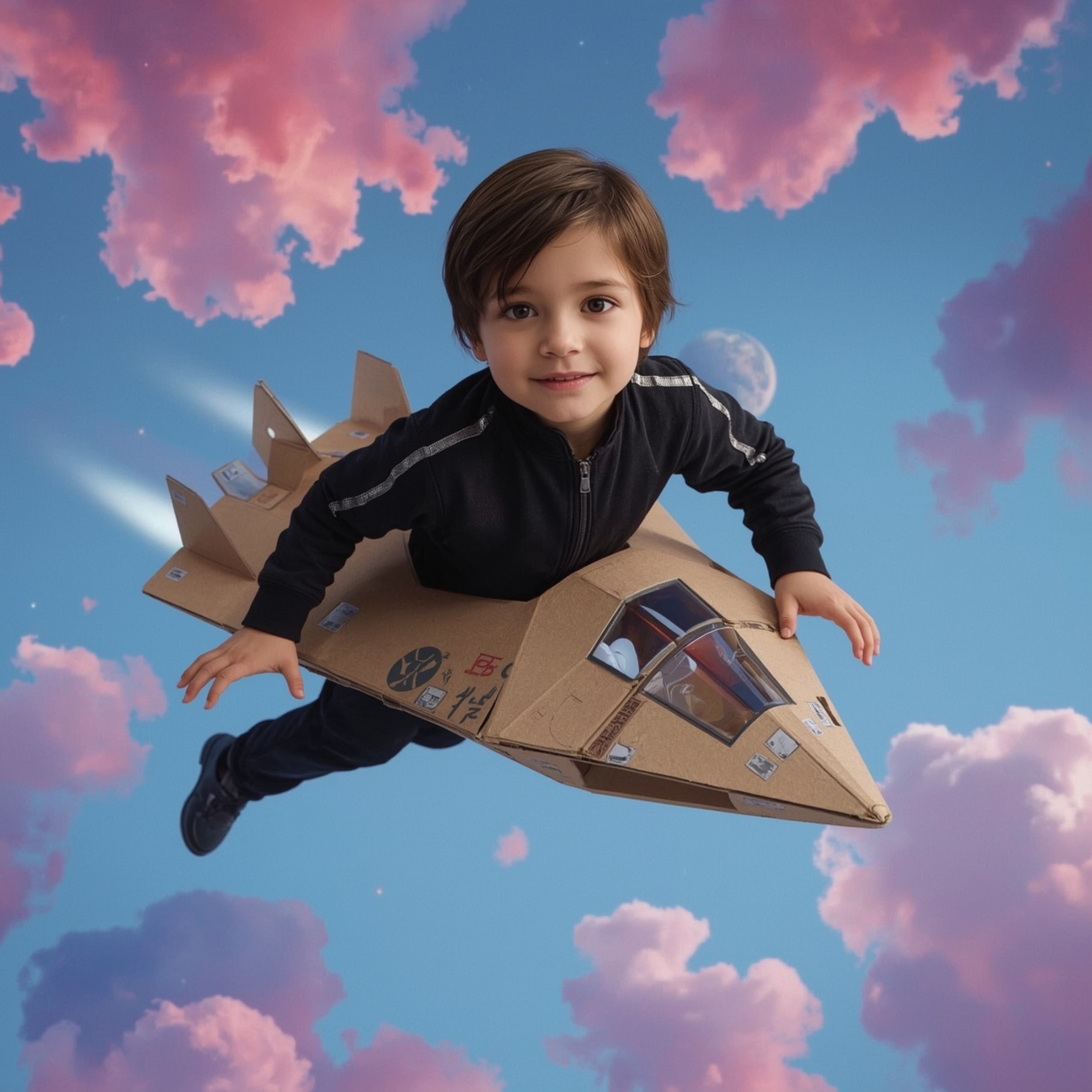 Exquisite high-fashion photography captures a young boy with bright eyes and a gentle smile, piloting a remarkably detailed, 