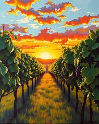 This bold acrylic painting captures a sunset over a vineyard in a dramatic tight close-up. The use of strong, hard light crea
