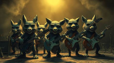 A captivating visual of a cartoon animal rock band, rendered in eerie infrared tones.  The scene boasts a dark, unsettling at