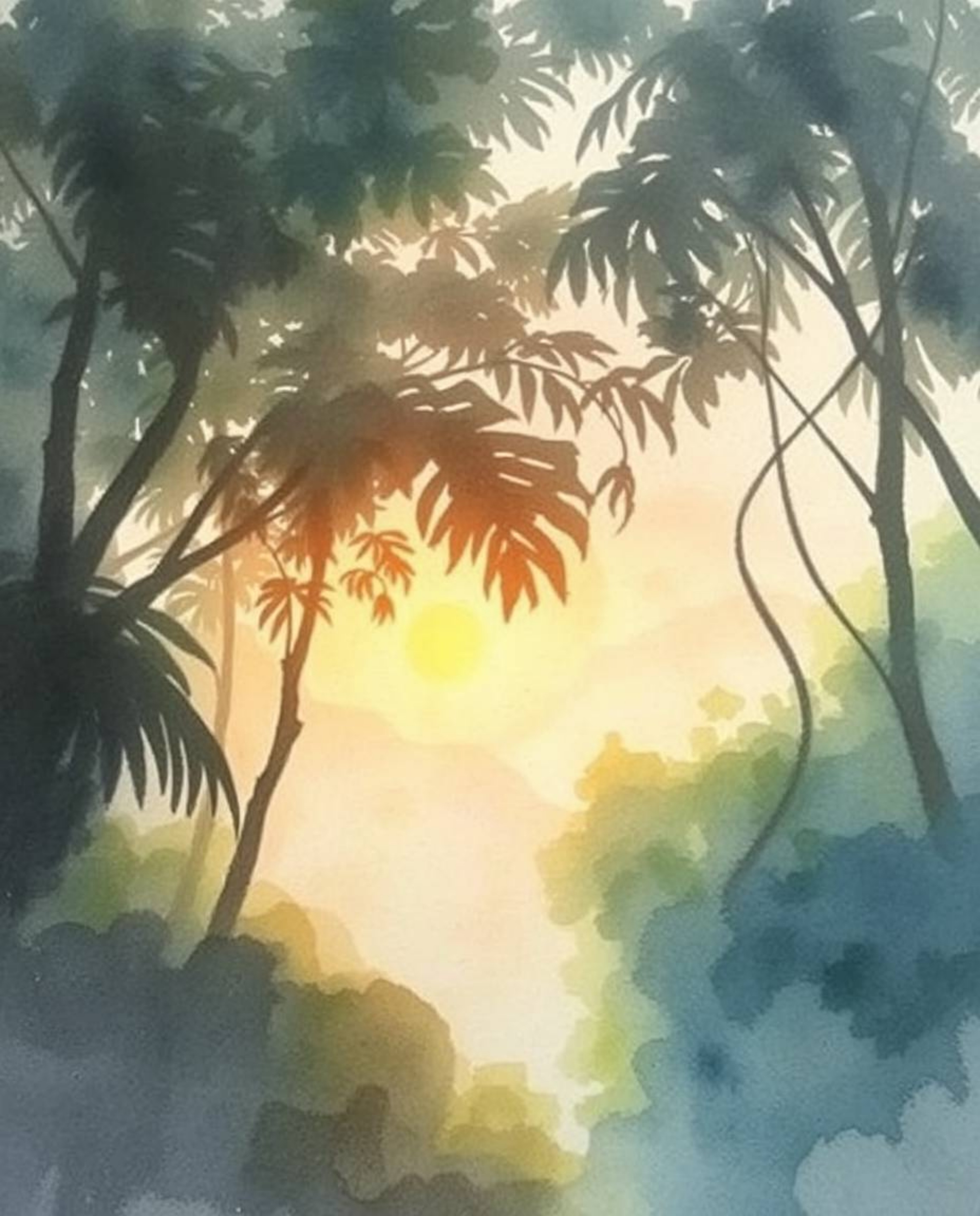 A delicate watercolor painting captures a sunset seen through a dense jungle canopy, creating a soft and dreamy atmosphere. T