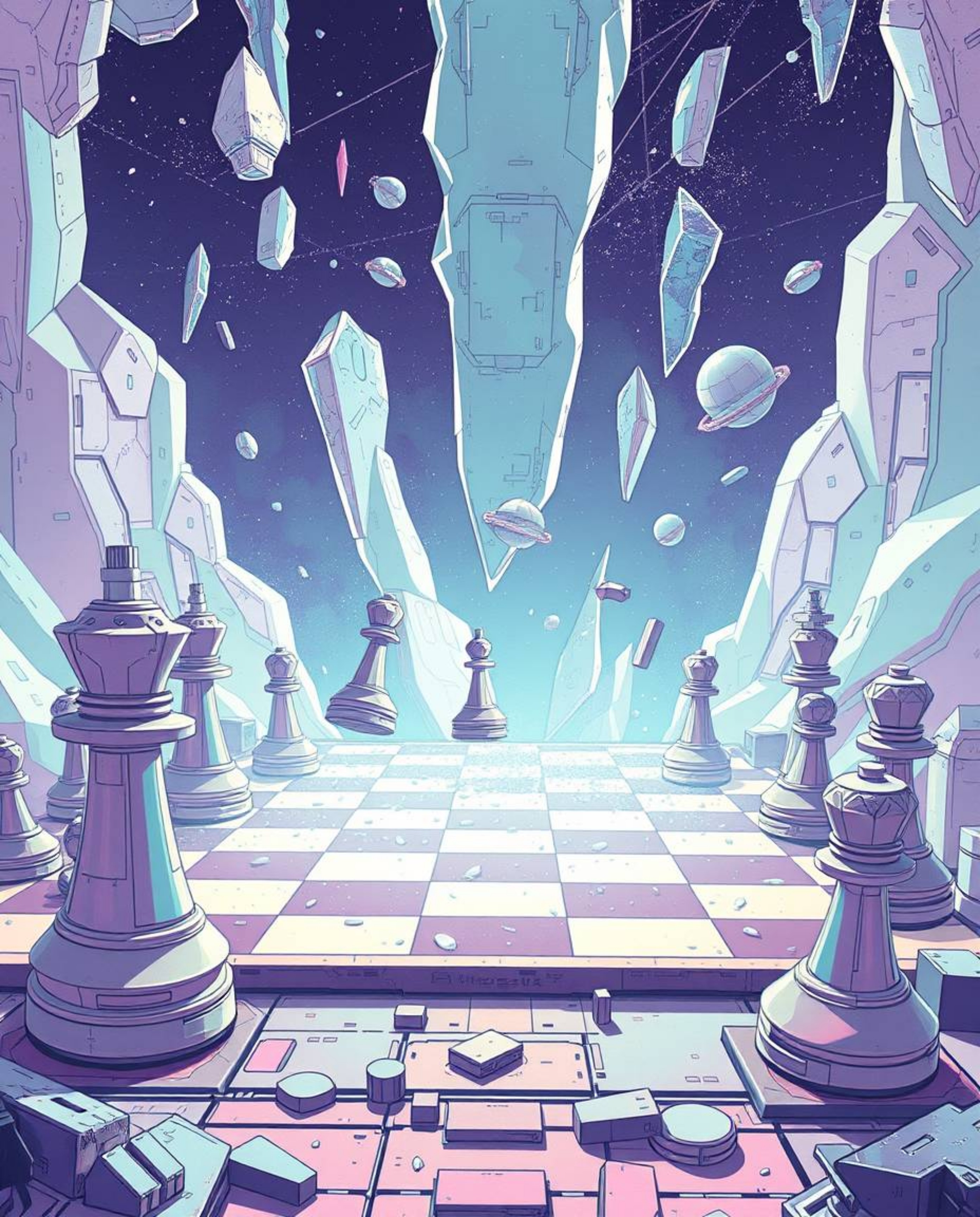 A captivating futuristic sci-fi illustration depicts a chessboard with pieces suspended mid-air in a state of frozen destruct