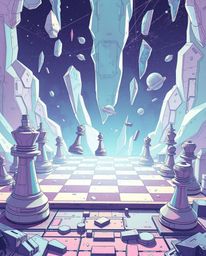 A captivating futuristic sci-fi illustration depicts a chessboard with pieces suspended mid-air in a state of frozen destruct
