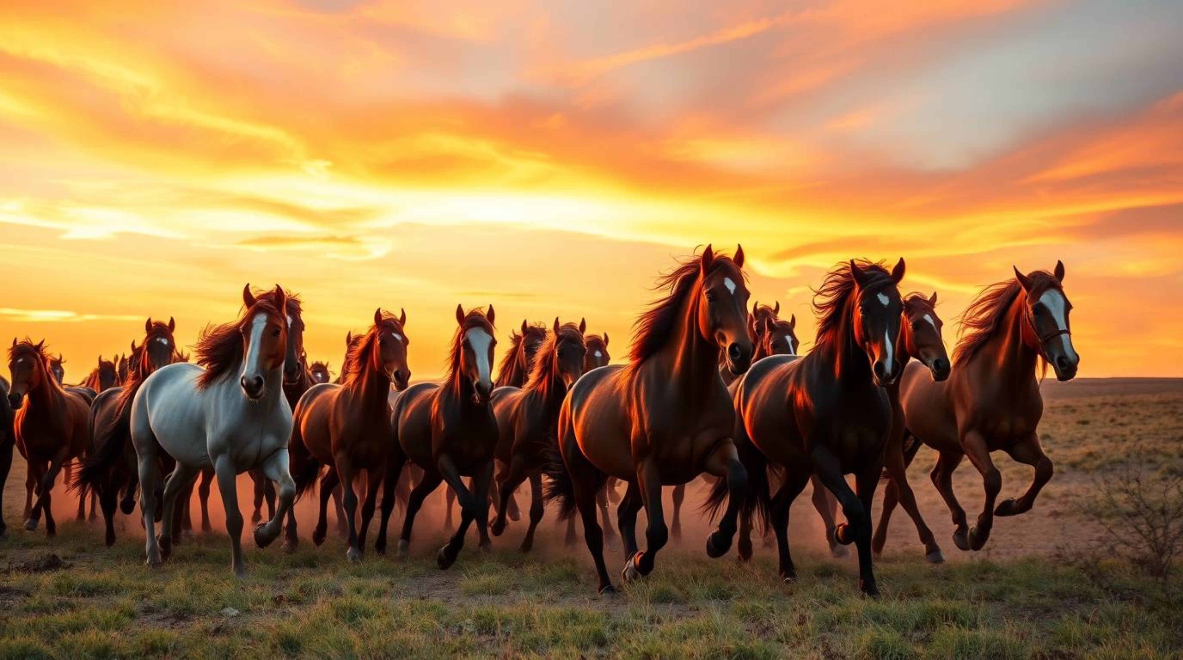 This high-resolution stock photo captures the breathtaking scene of a herd of wild horses running freely beneath a vibrant an