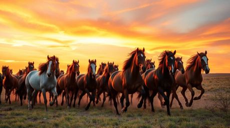 This high-resolution stock photo captures the breathtaking scene of a herd of wild horses running freely beneath a vibrant an