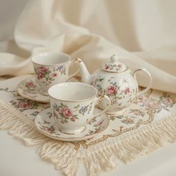 Capture the essence of refinement with this warm and intimate bokeh photograph showcasing a delicate porcelain tea set. Featu