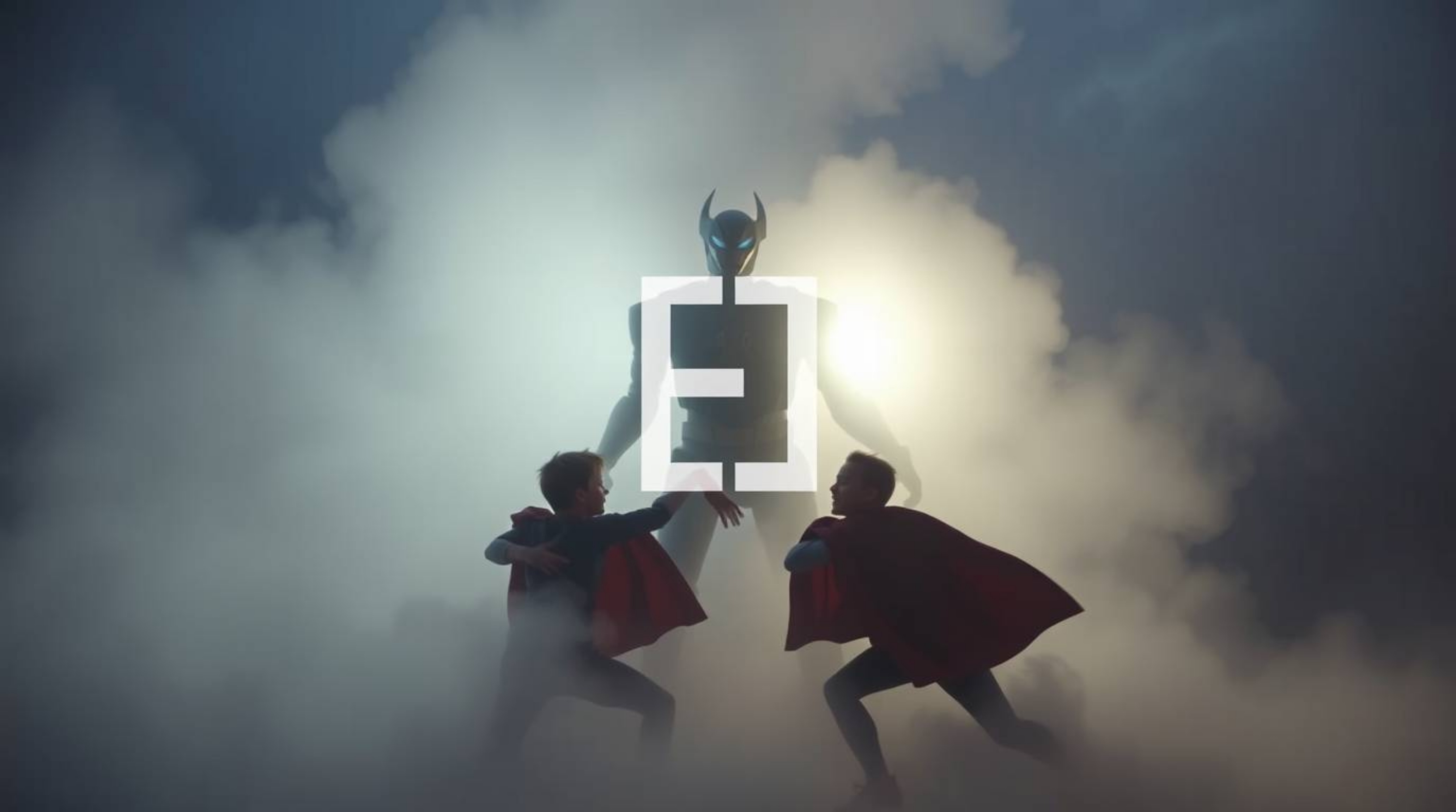 A trio of superpowered kids battling a robot amidst dense fog create a captivating scene. The visual is further enhanced by a