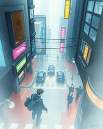 A captivating high-angle perspective showcases a delicate watercolor painting of a cyberpunk street scene.  The image feature
