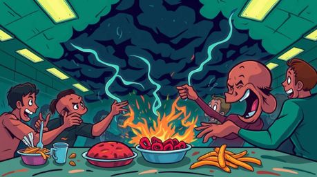 Witness a chaotic and vibrant cartoon cafeteria food fight rendered in a luxurious style.  Experience intense dramatic weathe