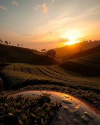 A photograph depicting a sunset over terraced tea plantations, finished with an antique patina. Warm autumn colors are cast o