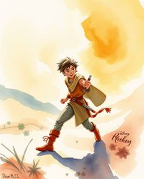 A delicate watercolor painting captures a brave Disney-style hero on a thrilling desert adventure.  Translucent washes and fl