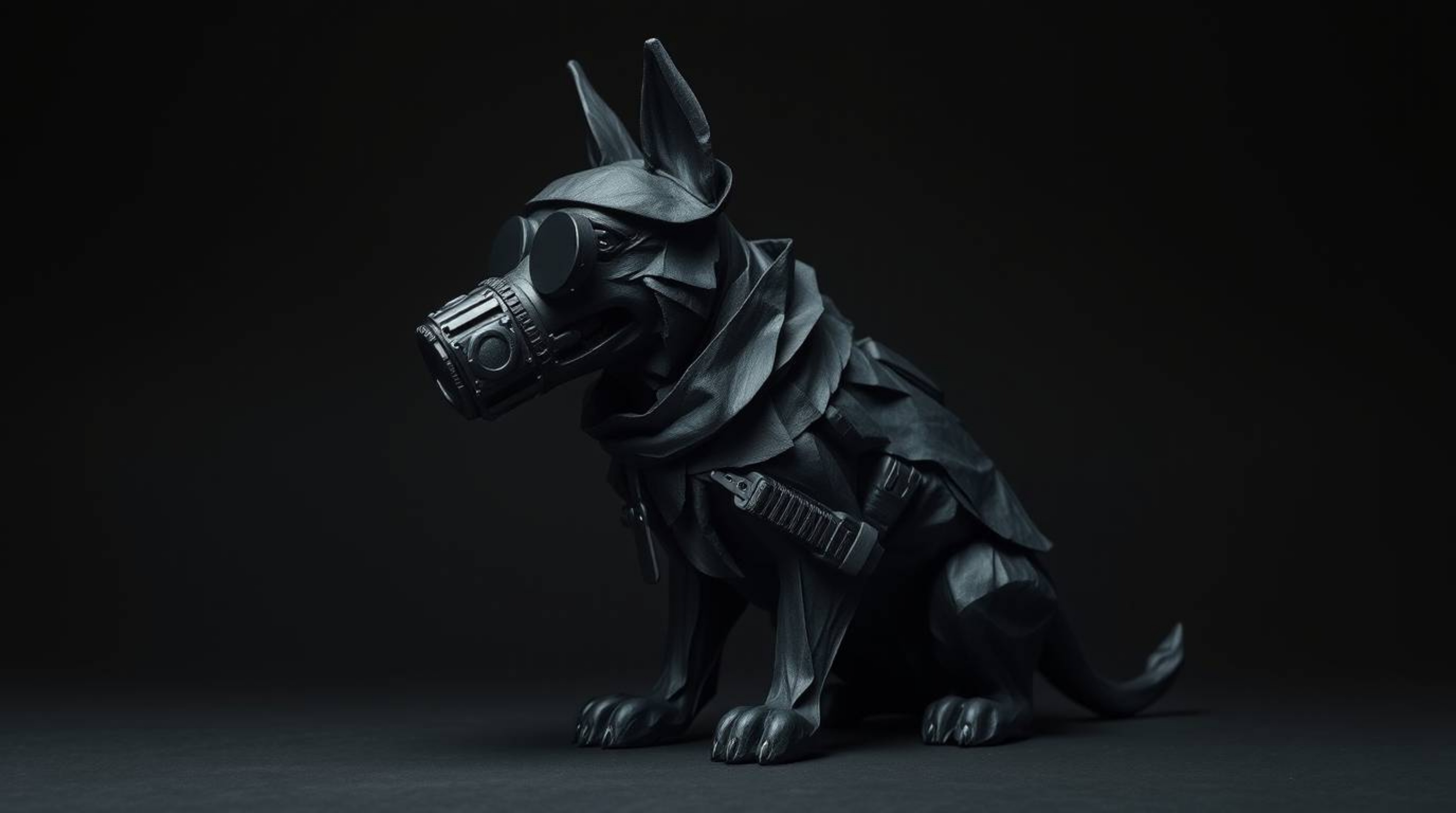 Explore a striking layered papier-mâché sculpture of a dog detective, rendered in intense jet black. This unique piece showca