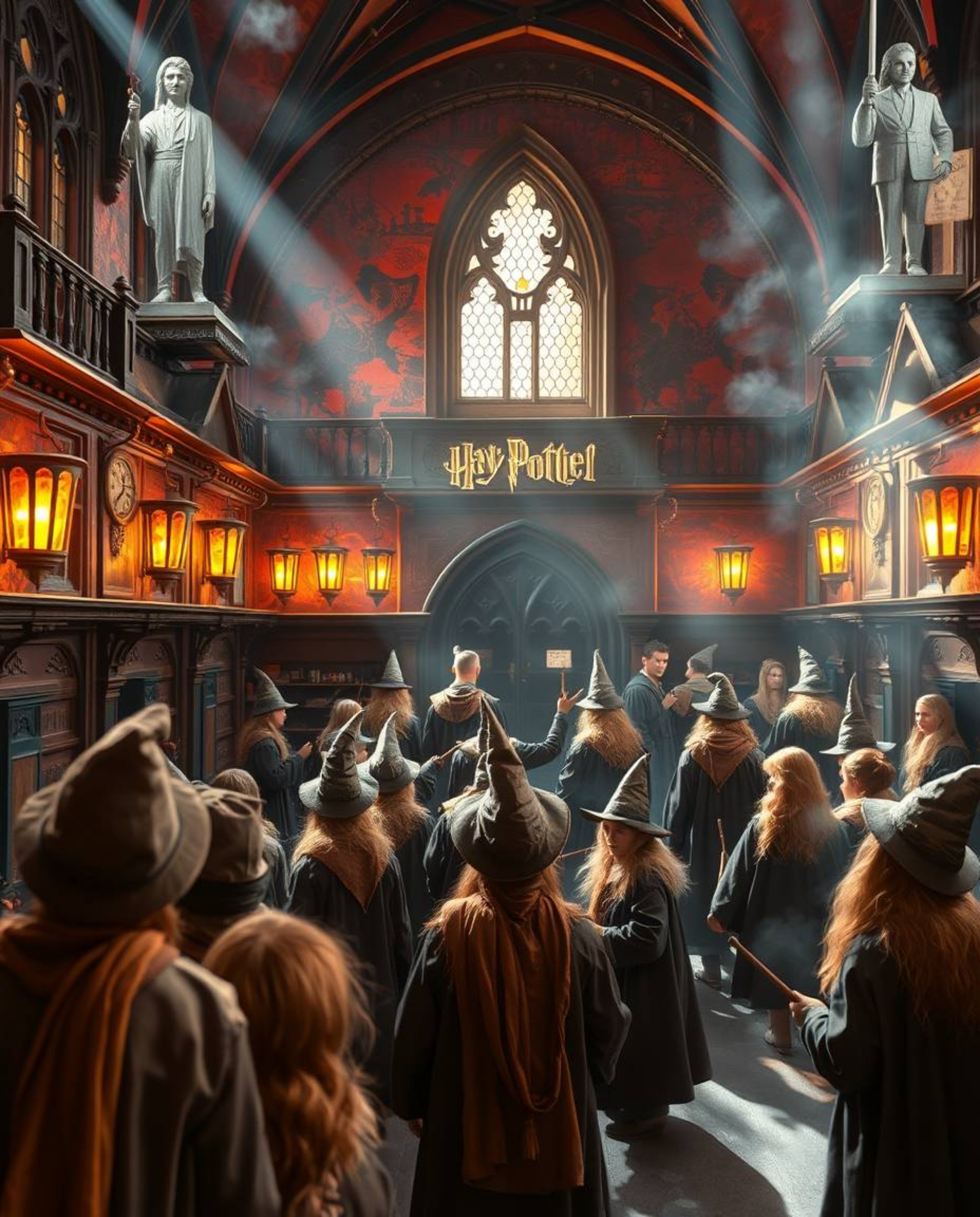Explore a magical school brimming with young wizards, beautifully rendered in warm cast bronze.  The artwork features a brigh