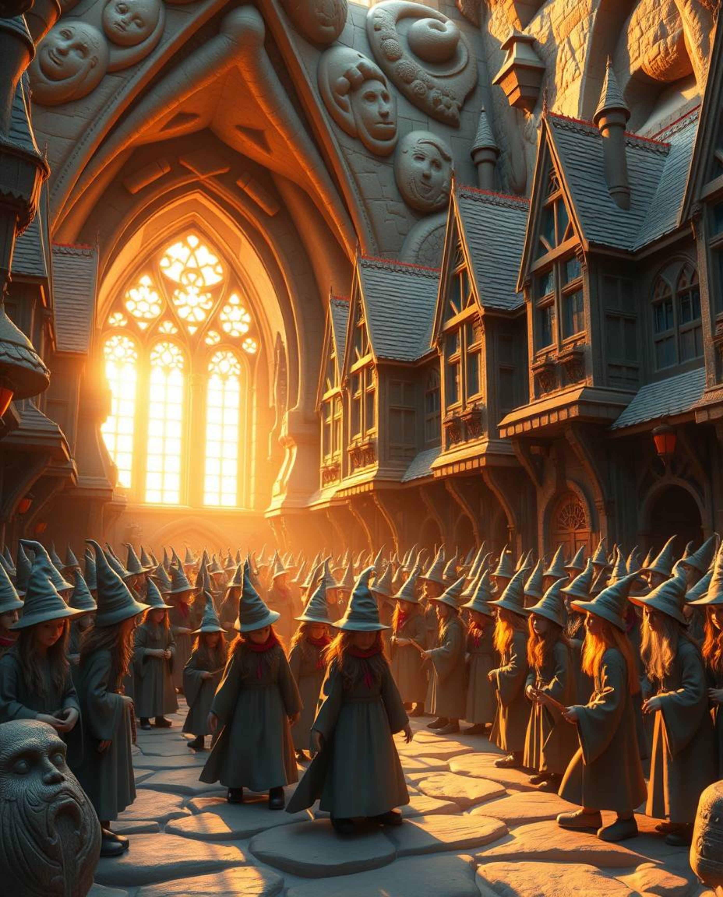 A stunning clay sculpture depicts a grand magical school brimming with young wizards, bathed in the warm glow of golden hour.