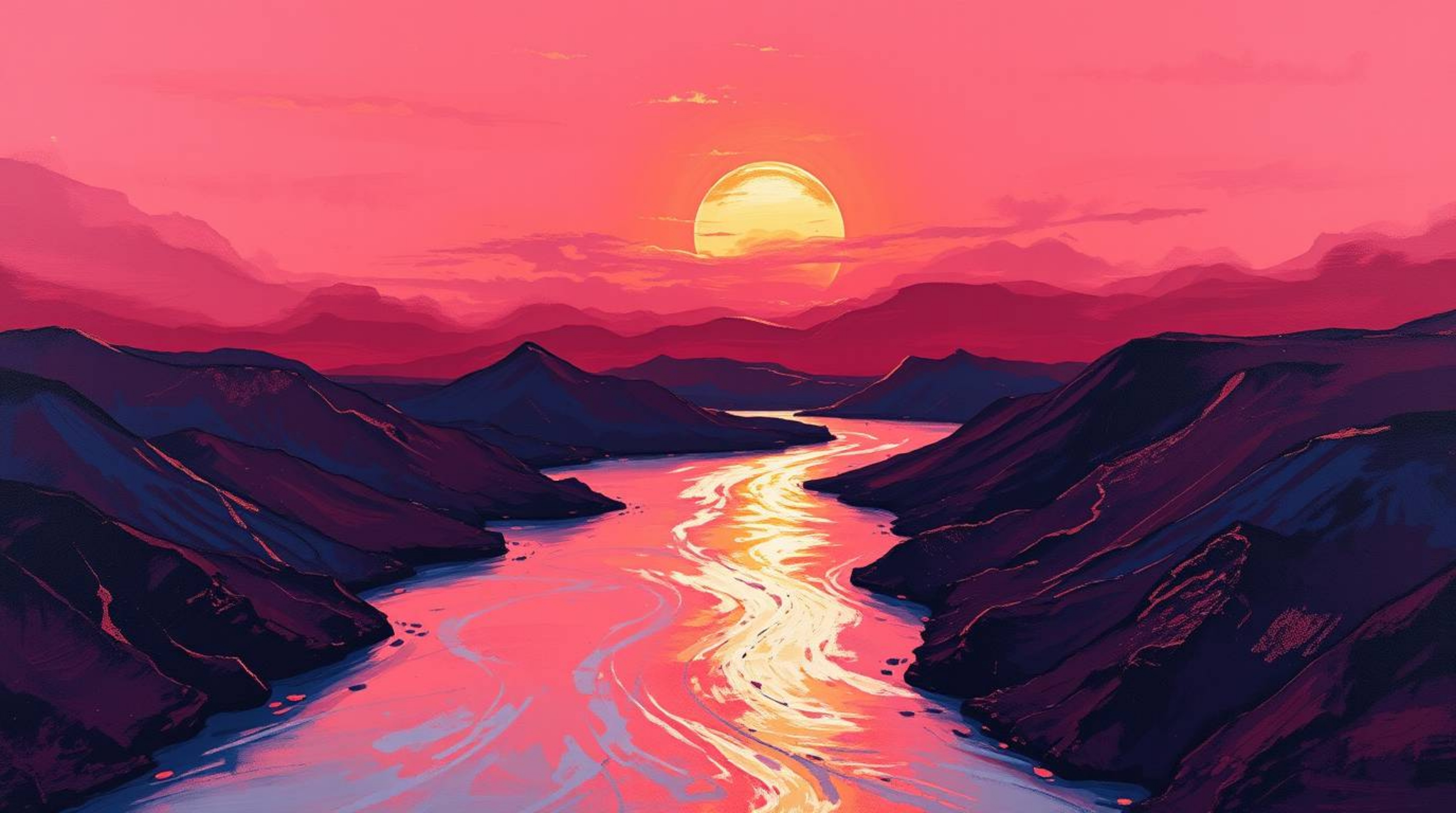 Discover a stunning acrylic painting depicting a winding river bathed in the warm glow of a dramatic orange-pink sunset.  The