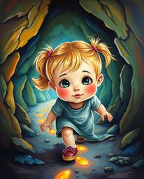 This captivating acrylic painting portrays an adorable child with rosy cheeks and blonde pigtails, drawn into a mysterious ca
