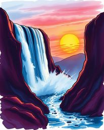 A color sketchnote style hand-drawn sketch depicts a dramatic waterfall and a setting sun. This piece uses a sophisticated an