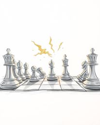 A hand-drawn sketch of a chessboard capturing a moment of frozen destruction in a chess game, bathed in the warm, soft glow o