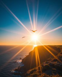 A high-resolution stock photo captures a vibrant sunset over a coastal cliff, with soaring birds visible against a bright len