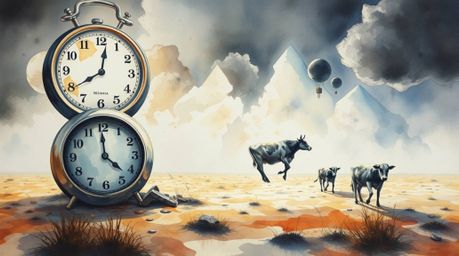 Explore a surreal dreamscape rendered in delicate watercolor, featuring melting clocks and floating cows bathed in intense, d