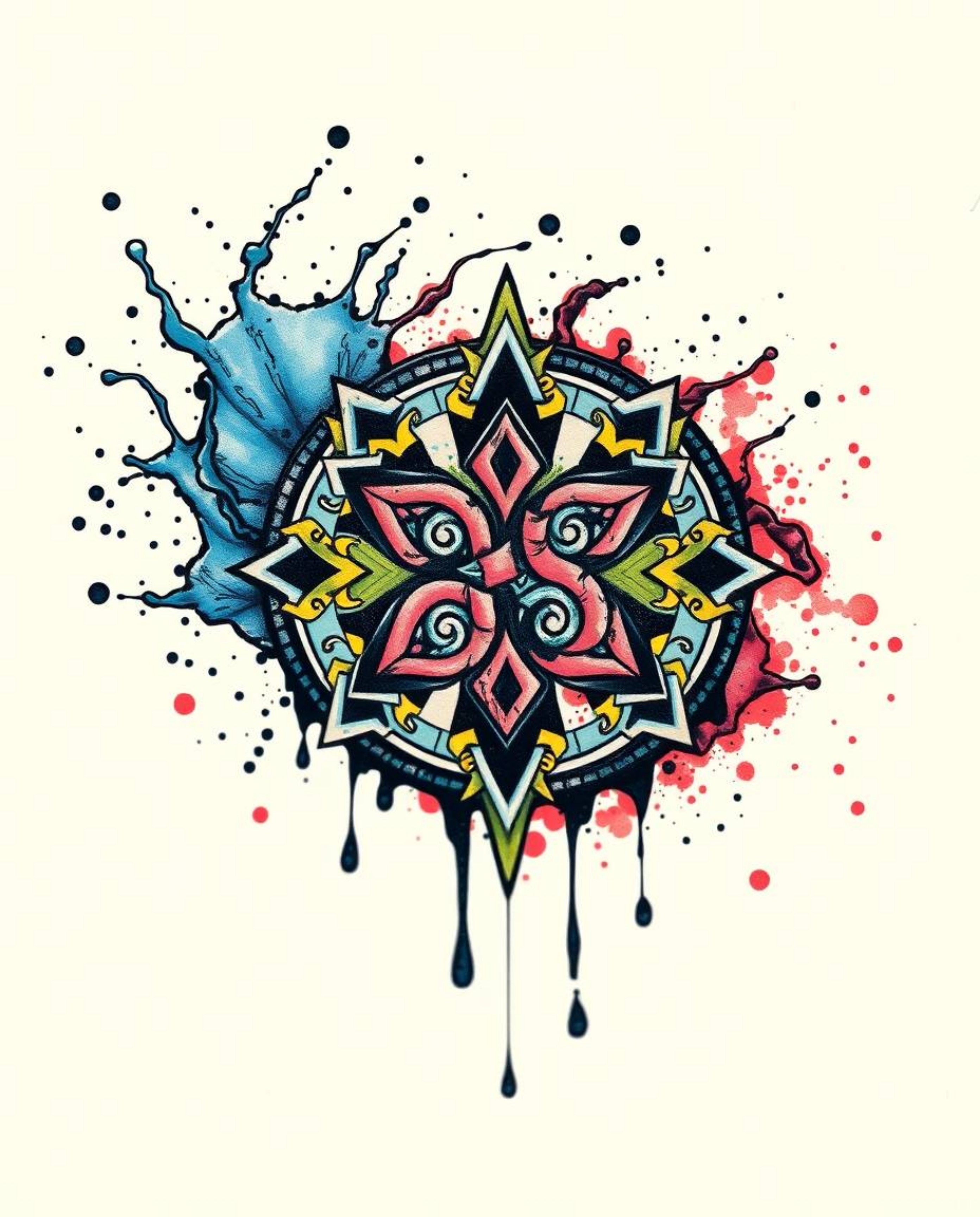 This symbolic traditional tattoo art print features a captivating ink in water splash, captured in stunning macro photography