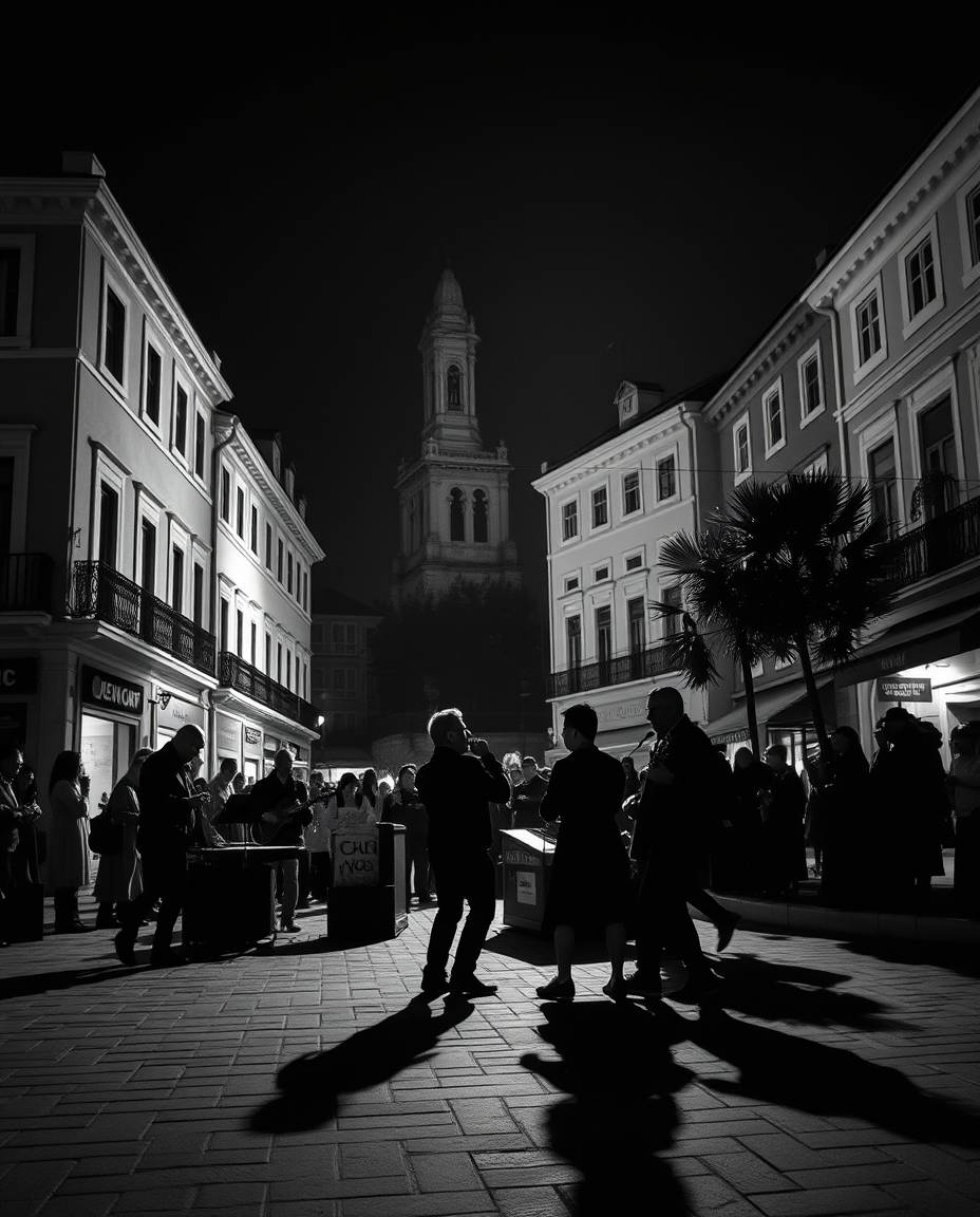 A captivating monochrome image showcases a vibrant musical performance in a brightly lit town square.  The use of pure jet bl