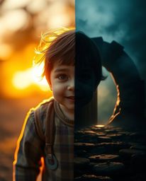 A heartwarming and intriguing image depicting a young child's discovery of a magical portal in their backyard. The split-imag