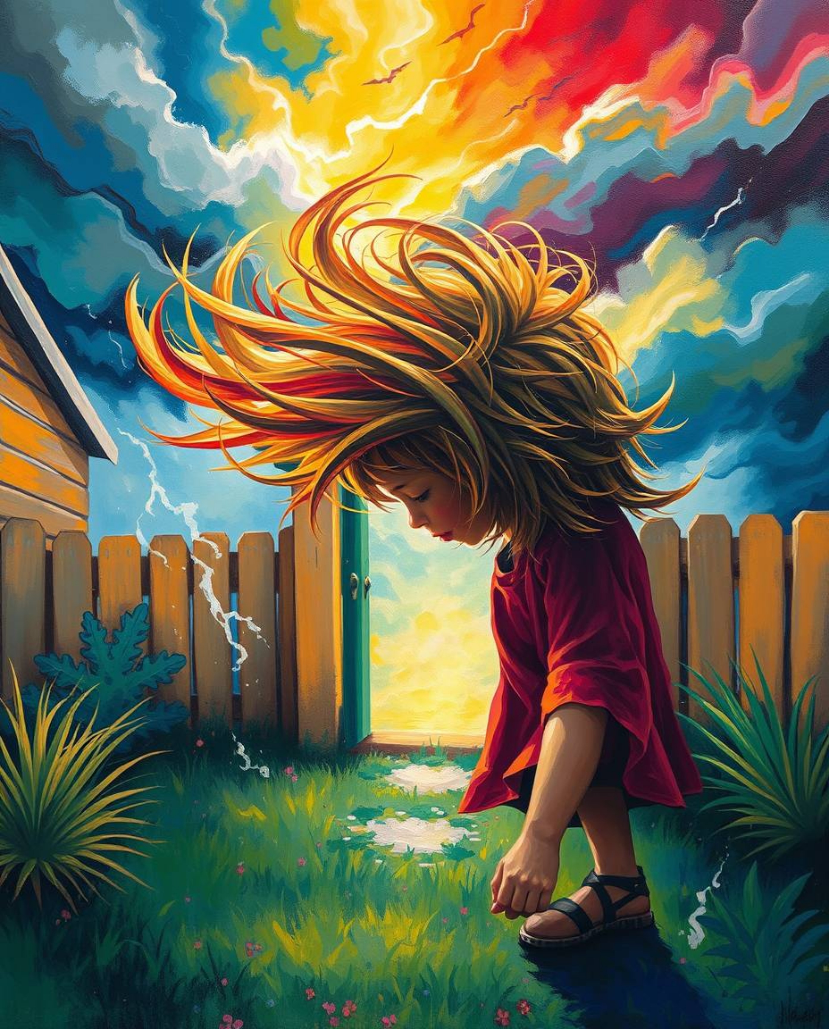 A vibrant painting depicts a child with windblown hair encountering a magical portal in their backyard during an intense stor