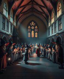 Discover a whimsical magical school brimming with young wizards, depicted in soft pastel hues and dramatic high-contrast ligh