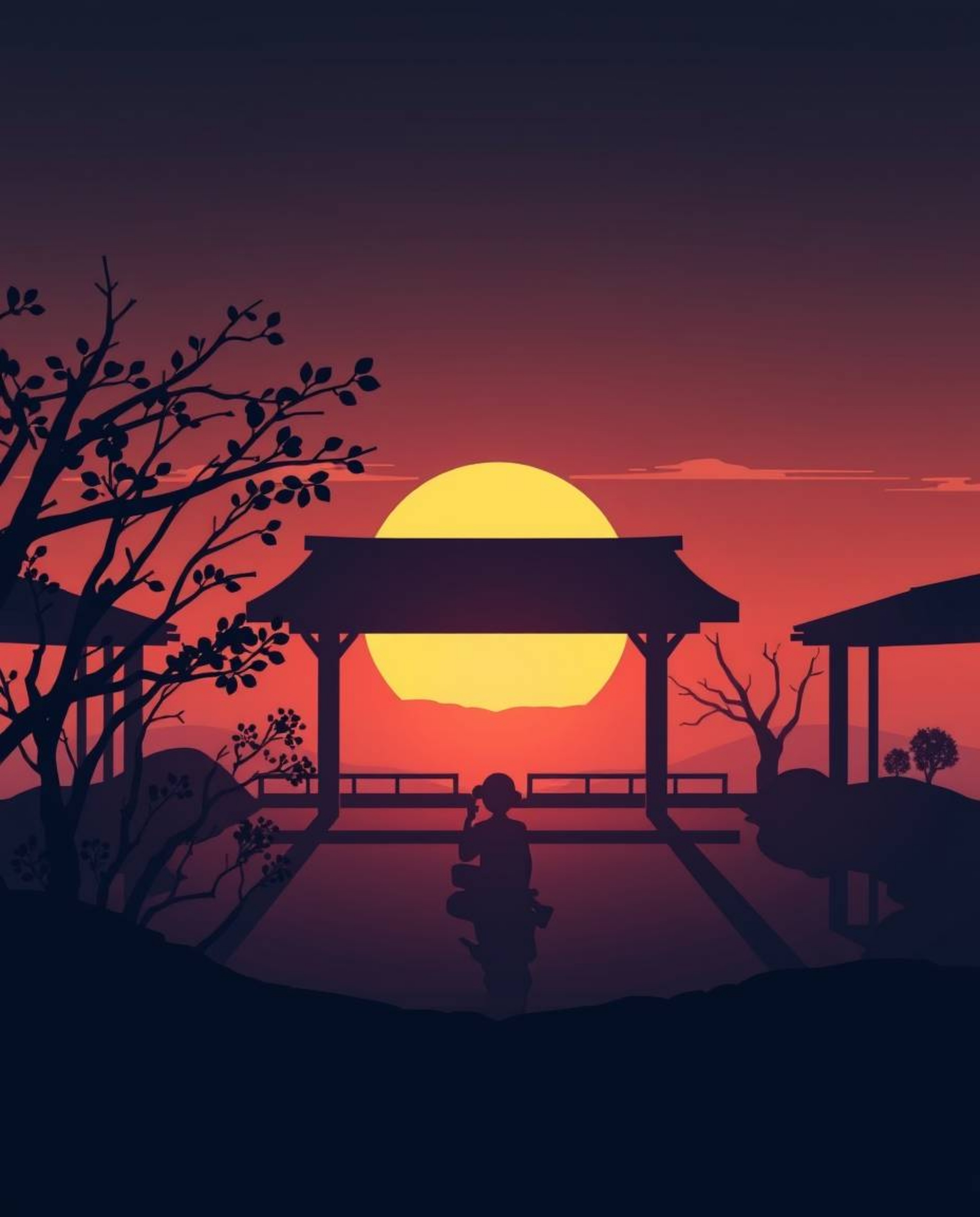 A modern flat design illustration depicting a sunset over a serene Zen garden from a high-angle perspective, featuring silhou