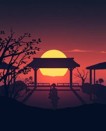 A modern flat design illustration depicting a sunset over a serene Zen garden from a high-angle perspective, featuring silhou