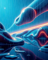 Explore a stunning futuristic sci-fi illustration featuring a mesmerizing rainy scene.  Witness the beauty of 3D fluid shapes