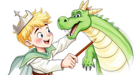 A charming prince with rosy cheeks and blonde hair battles a green dragon in a delightful hand-drawn sketch.  Rendered in a s