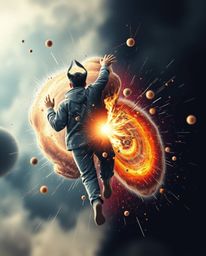 A dynamic cinematic image depicting colliding galaxies in a spectacular cosmic explosion.  The artwork features a distinct sp