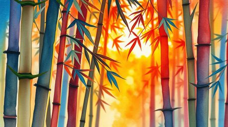 A stunning watercolor painting showcasing the intricate details of a bamboo forest bathed in the warm glow of a sunset.  This