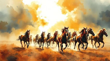 A delicate watercolor painting capturing a herd of wild horses running under a dramatically lit, glowing sky.  The high contr