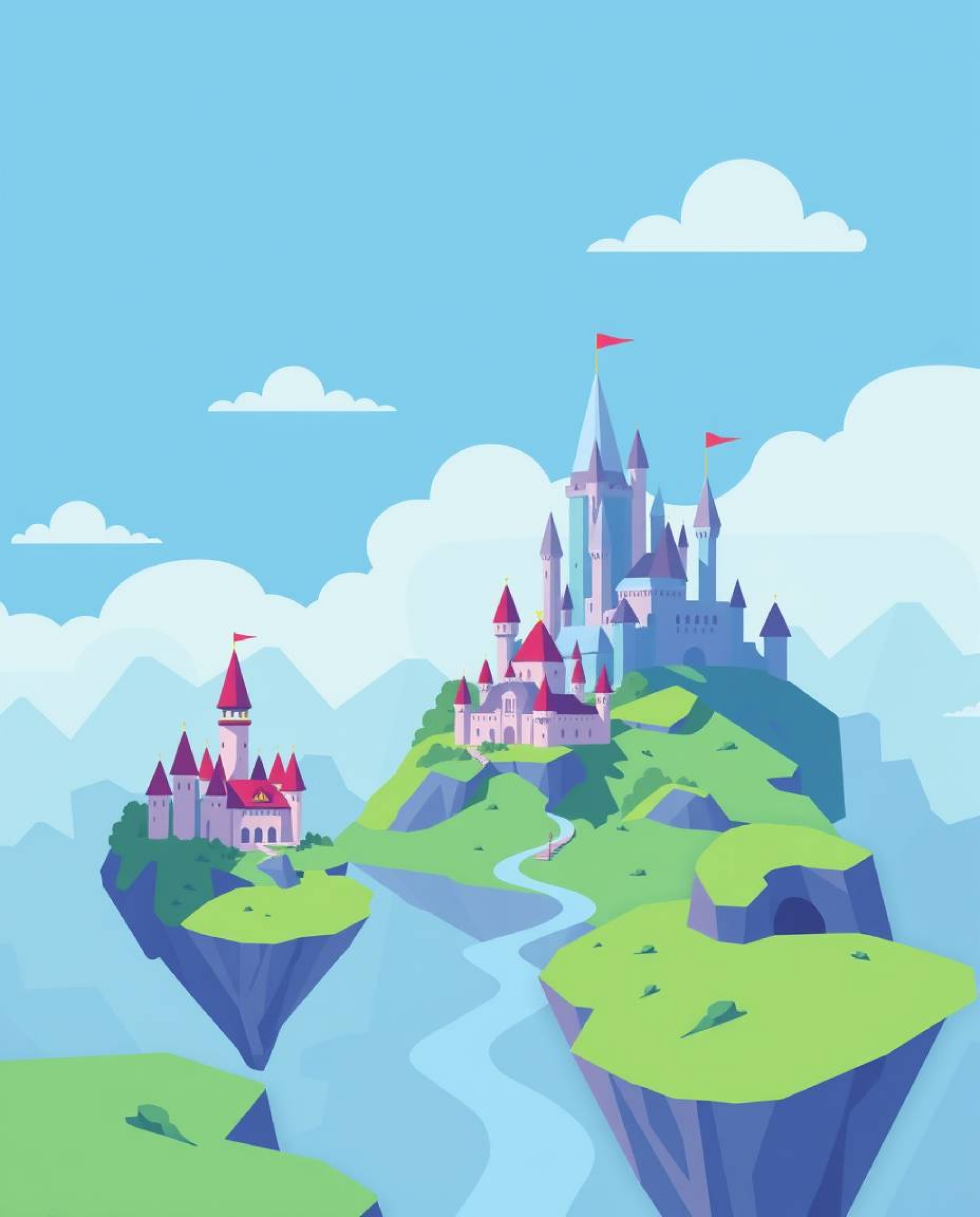 A vibrant and modern flat design illustration showcases a colorful kingdom with enchanting floating islands and majestic cast