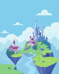 A vibrant and modern flat design illustration showcases a colorful kingdom with enchanting floating islands and majestic cast