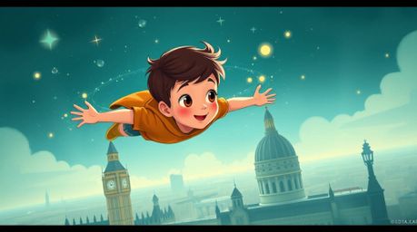 A captivating image of a young boy soaring above London, leaving a trail of glowing pixie dust. The artwork features a warm t