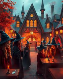Immerse yourself in a magical school teeming with young wizards, bathed in the warm, inviting autumnal hues of reds, oranges,