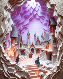 Explore a magical school brought to life through layered papier-mâché, depicting young wizards amidst an ethereal spiritual v