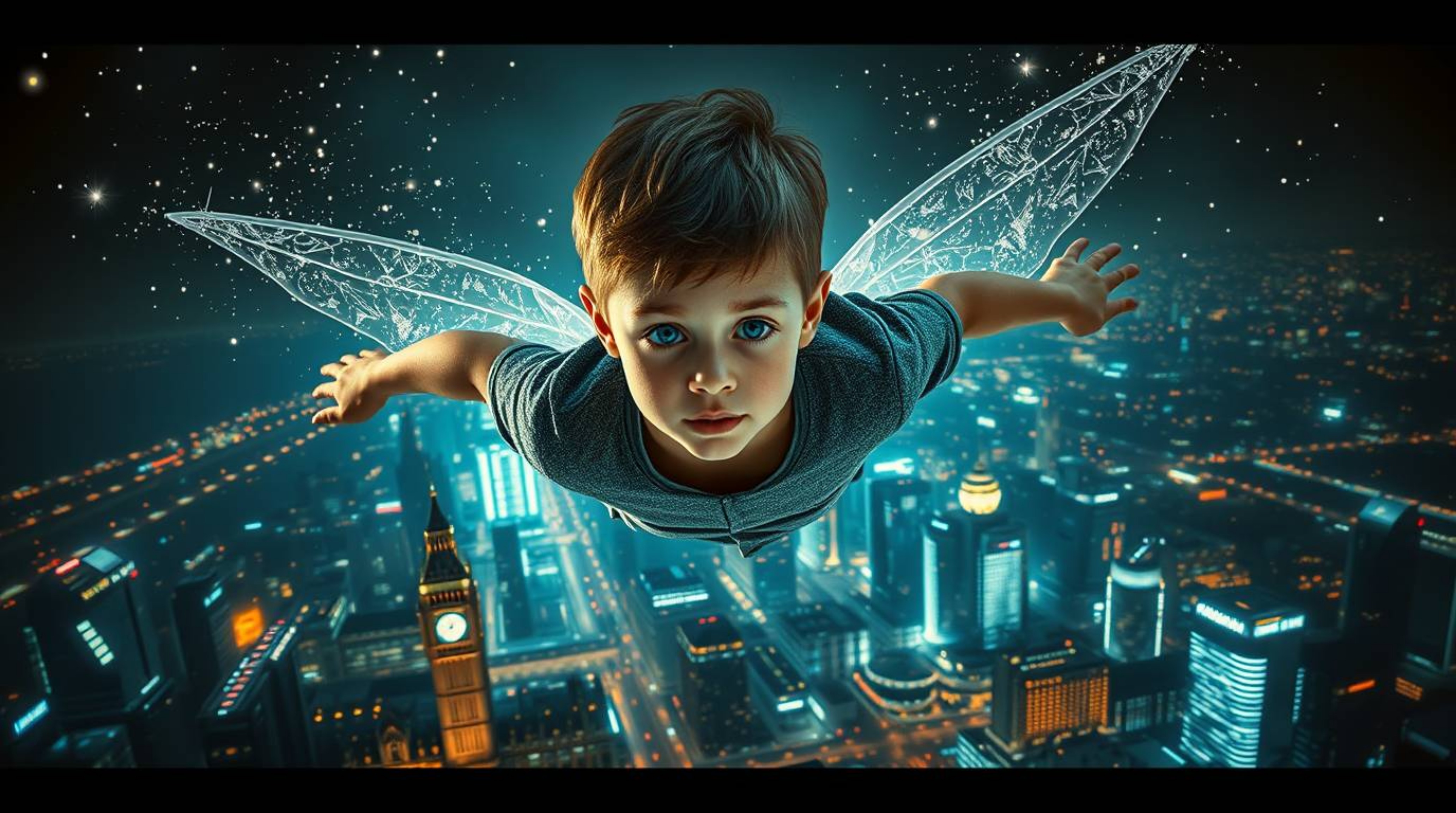 A young boy soars above a futuristic London, propelled by sparkling pixie dust.  Intense lighting and advanced technology ill