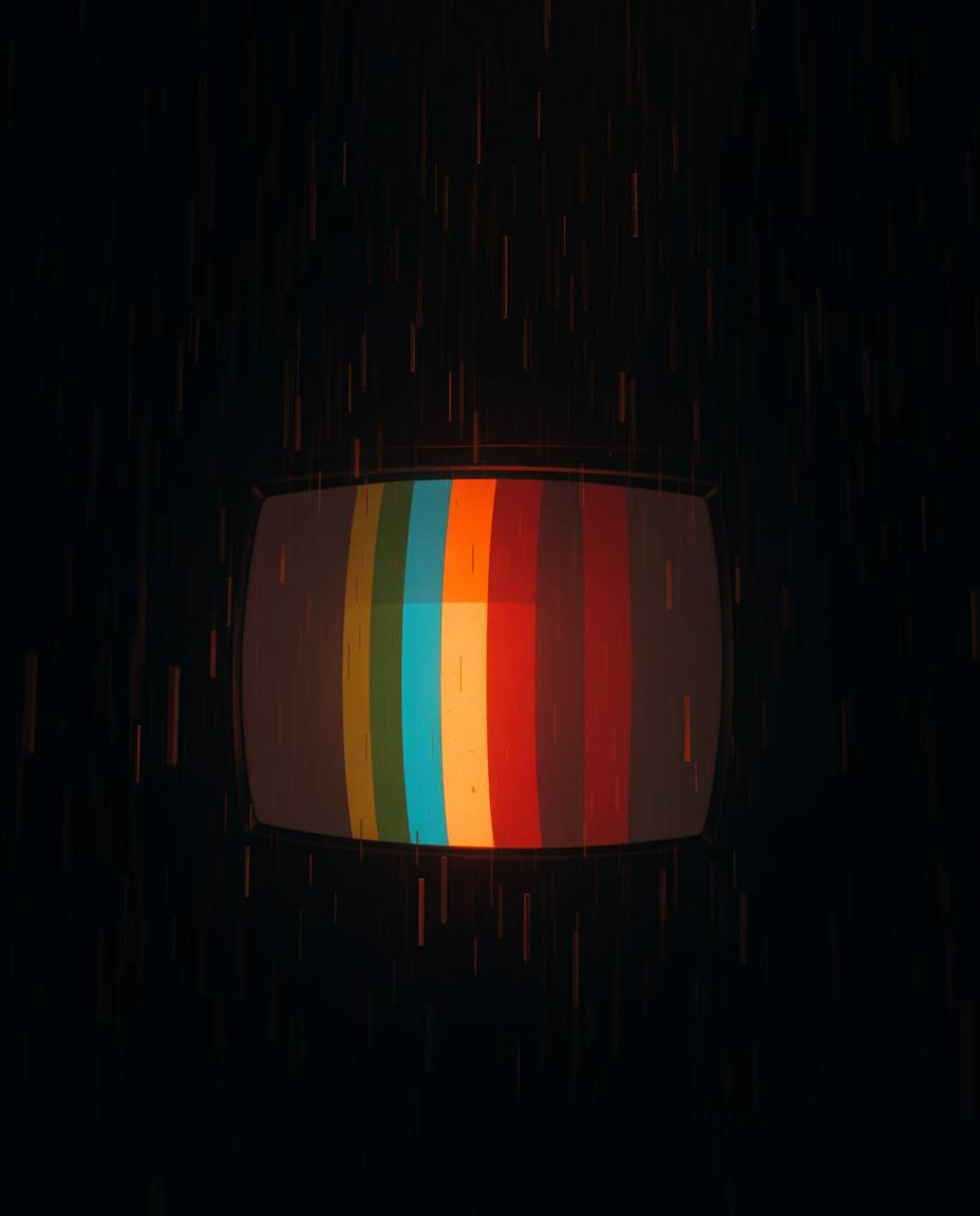 Experience an unsettling and eerie scene depicted through a retro-style TV screen glitch, bathed in a warm golden glow despit