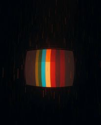 Experience an unsettling and eerie scene depicted through a retro-style TV screen glitch, bathed in a warm golden glow despit