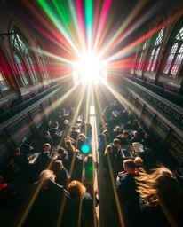 Experience the magic of a school filled with young wizards through a bright lens flare and a high-angle perspective. Witness