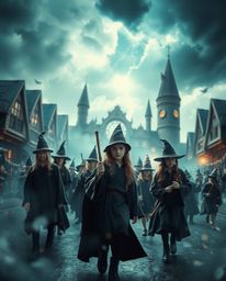 Discover a dreamlike, surreal image of a magical school brimming with young wizards.  This captivating scene boasts sharp foc