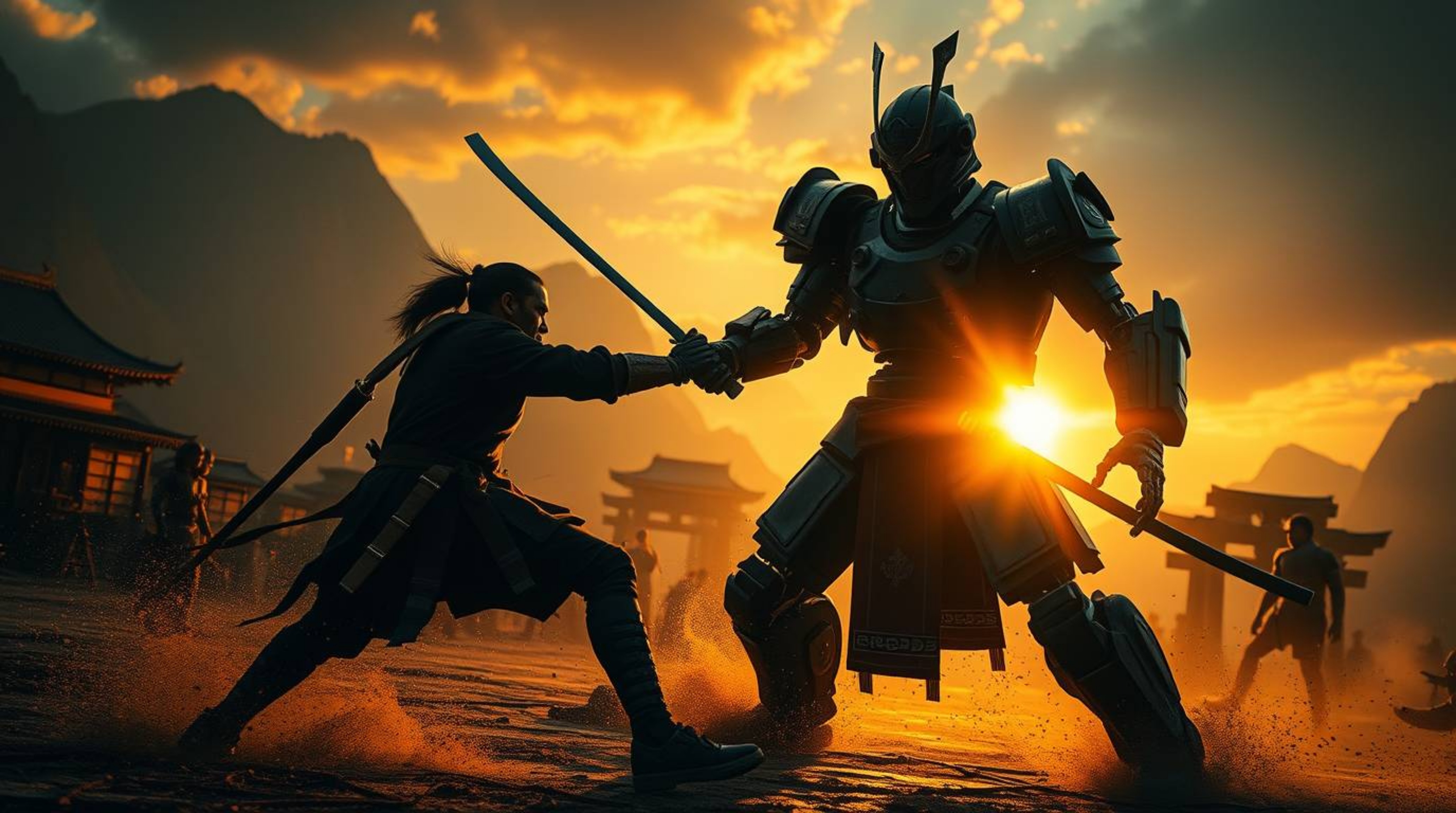 Experience a stunning clash between a samurai and a robot in a dystopian world illuminated by the warm, golden hour light. Th