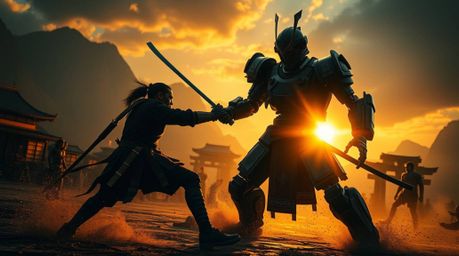 Experience a stunning clash between a samurai and a robot in a dystopian world illuminated by the warm, golden hour light. Th