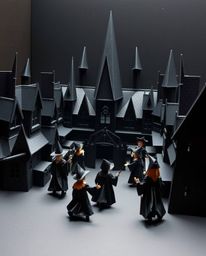 Discover a captivating depiction of a magical school brimming with young wizards, meticulously crafted in an intricate origam