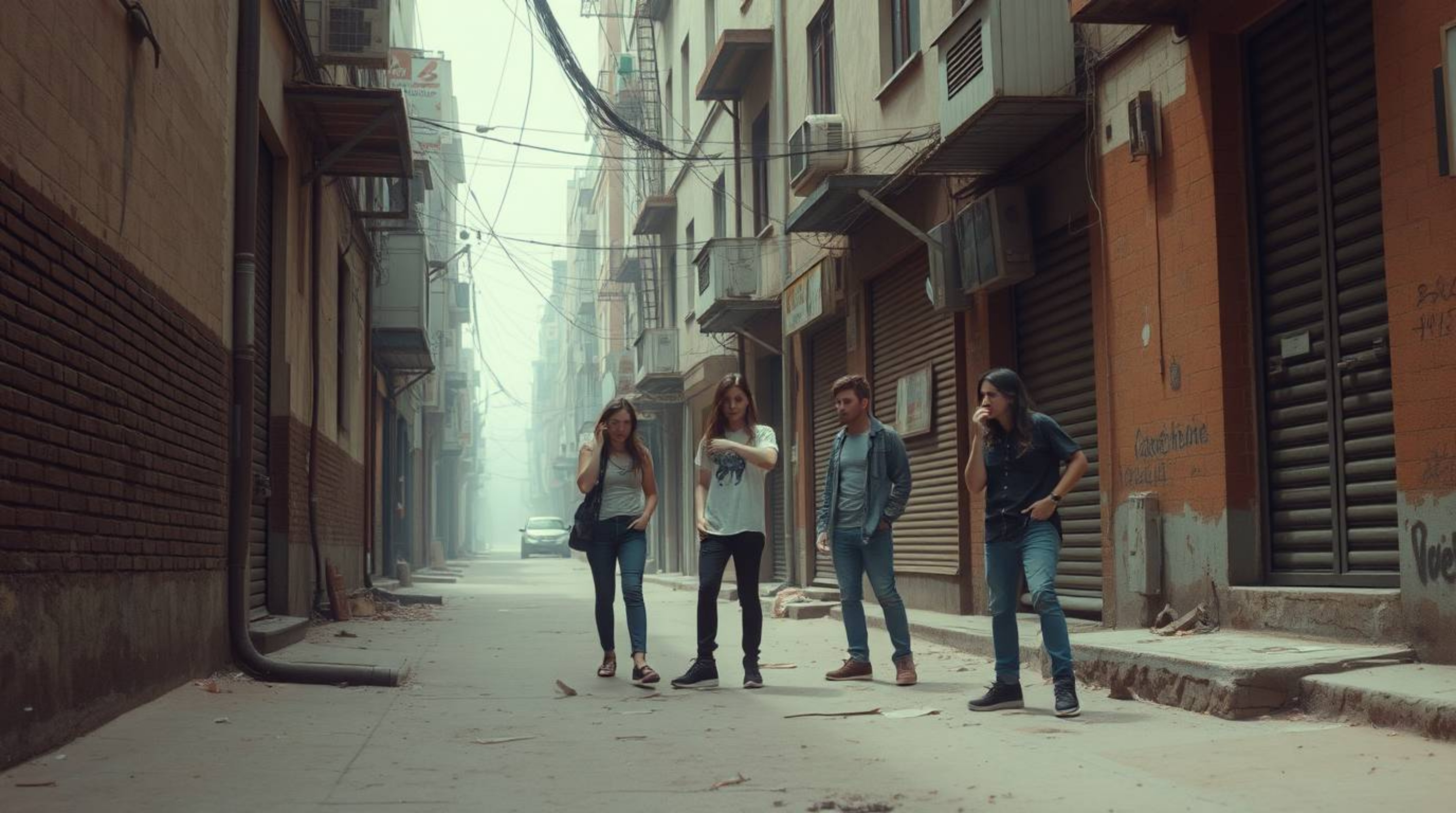 A grungy city alley scene featuring rebellious teens bathed in a soft, dreamy atmosphere. The natural earth tones of browns a